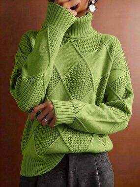 Green Casual Women's Plus Size Turtleneck Long Sleeve Sweater